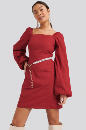 NA-KD Boho Square Neck Balloon Sleeve Dress - Red