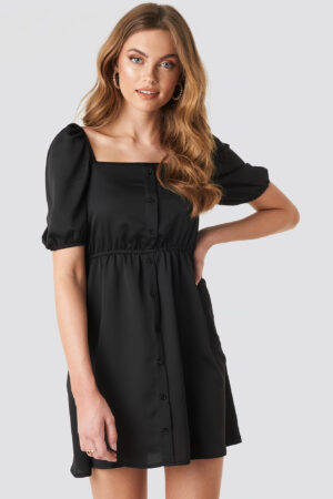 NA-KD Boho Square Neck Buttoned Mini Dress - Black