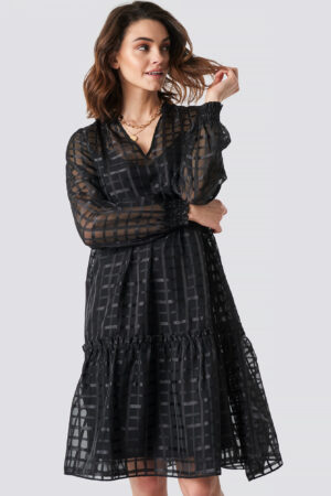 NA-KD Party Square Patterned Flounce Dress - Black