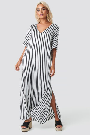 NA-KD Boho Striped V Neck Side Slit Dress - White