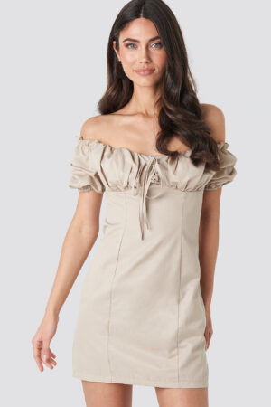 NA-KD Boho Tie Front Off Shoulder Mini Dress - Beige