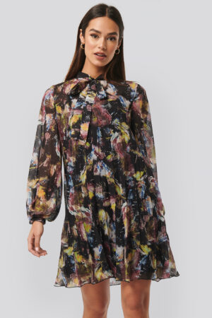 NA-KD Tie Neck Pleated Mini Dress - Multicolor