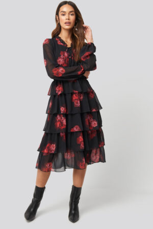 NA-KD Trend Tiered Flounce Sheer Dress - Black