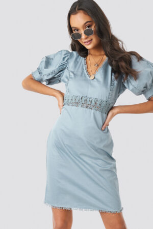 NA-KD Boho V-Neck Crochet Detail Dress - Blue