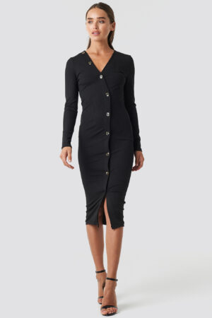 NA-KD Trend V-Neck Ribbed Button Detail Dress - Black
