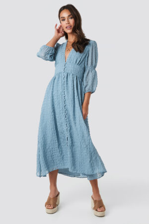 NA-KD Boho V-Formad Vid Klänning Med Puffärm - Blue