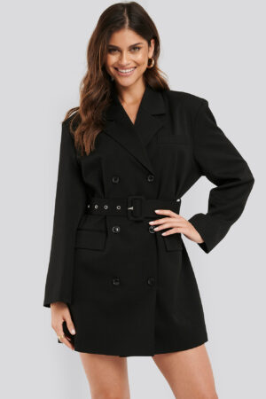 NA-KD Classic Wide Shoulder Belted Blazer Dress - Black