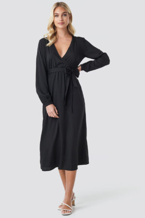 NA-KD Trend Wrap Over Tie Waist LS Dress - Black