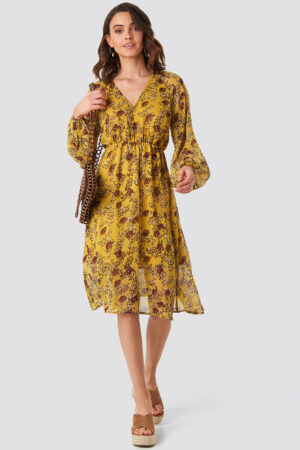 NA-KD Boho Yellow Flower Print Midi Dress - Yellow