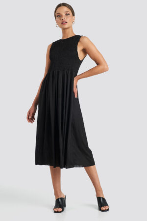 Trendyol Guipure Shirred Midi Dress - Black