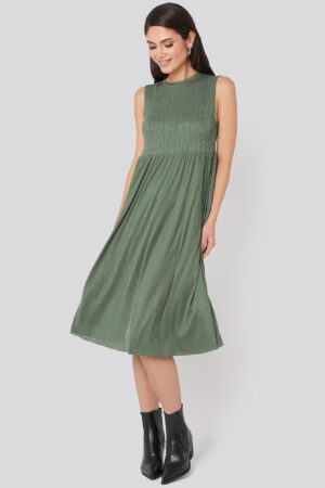 Trendyol Guipure Shirred Midi Dress - Green