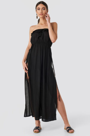 Trendyol Strapless Frilly Viscose Beach Dress - Black