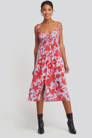 Trendyol Waist Gipeli Flower Patterned Midi Dress - Red