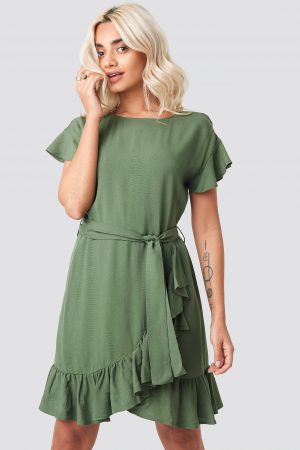 AFJ x NA-KD Ruffle Wrap Mini Dress - Green