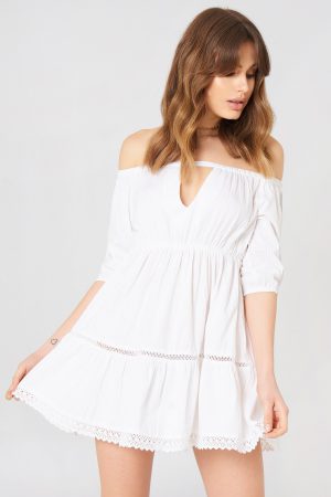 Debiflue x NA-KD Off Shoulder Crochet Dress - White