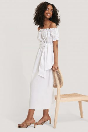 Glamorous Bardot Tie Waist Midi Dress - White