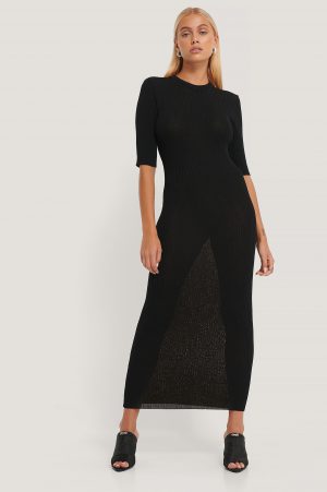 NA-KD Trend Ribbstickad Klänning Med 3/4-Ärm - Black