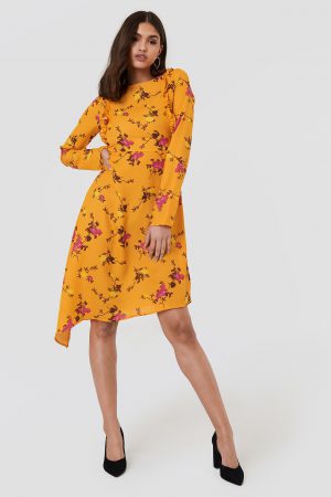 NA-KD Asymmetric Long Sleeve Frill Dress - Multicolor