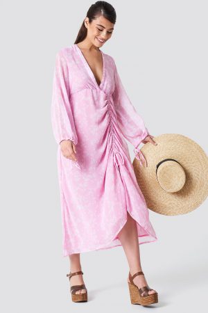 NA-KD Boho Balloon Sleeve Drawstring Maxi Dress - Pink