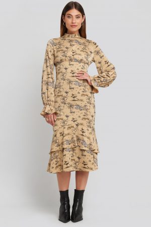 NA-KD Party Ballon Sleeve Gathered Midi Dress - Beige