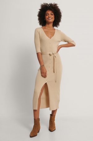NA-KD Belted Ribbed Knitted Midi Dress - Beige