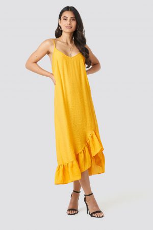 NA-KD Boho Bottom Flounce Strap Dress - Yellow