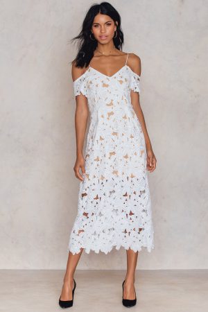 NA-KD Boho Cold Shoulder Crochet Midi Dress - White