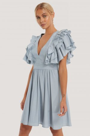 NA-KD Boho V-Ringad Klänning Med Volanger - Blue