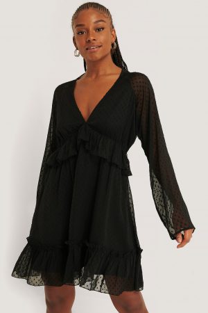 NA-KD Boho Dobbyklänning Med Djup V-Ringning - Black