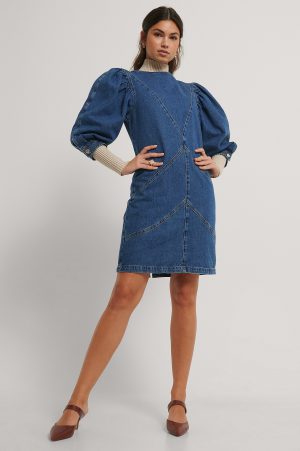 NA-KD Trend Denimklänning Med Puffärm - Blue