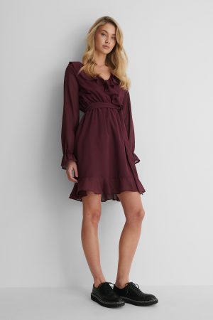 NA-KD Boho Miniklänning Med Volang - Burgundy