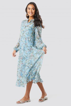 NA-KD Boho Flower Print Tiered Midi Dress - Multicolor