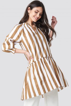 NA-KD Boho Frill Neck Striped Midi Dress - Beige