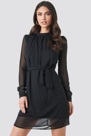 NA-KD High Neck Belted Chiffon Dress - Black