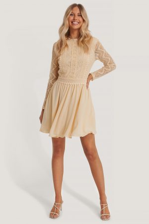 NA-KD Boho Lace Anglaise LS Mini Dress - Offwhite