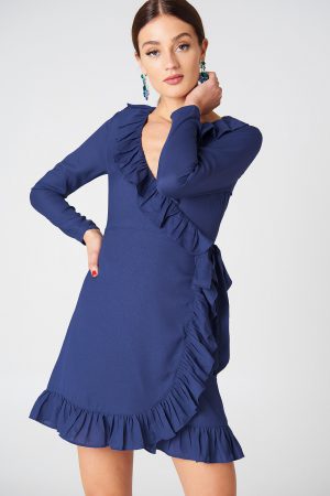 NA-KD Boho Long Sleeve Wrap Frill Dress - Blue