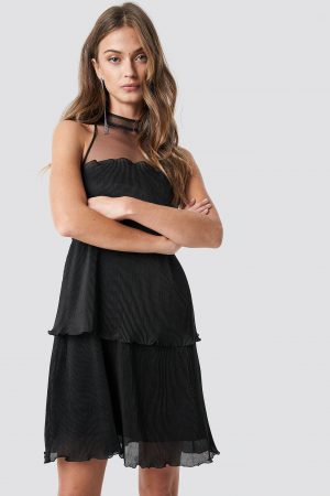 NA-KD Party Mesh Detail Pleated Mini Dress - Black
