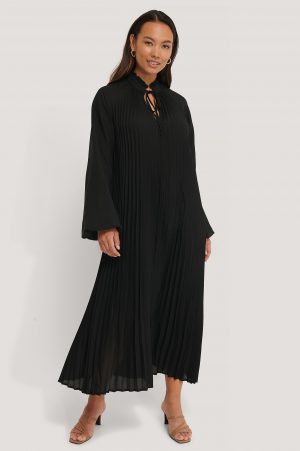 NA-KD Trend Midi Pleated Balloon Sleeve Dress - Black