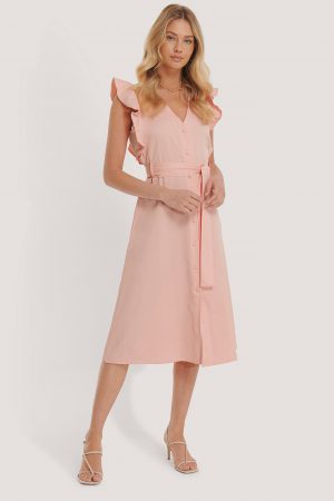 NA-KD Belted V-Neck Ruffle Midi Dress - Pink