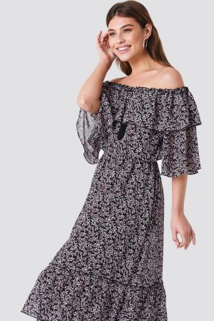 NA-KD Boho Off Shoulder Flounce Maxi Dress - Multicolor