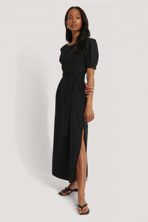 NA-KD Boho Puff Sleeve Belted Maxi Dress - Black