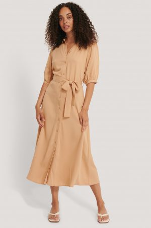NA-KD Puff Sleeve Belted Midi Dress - Beige