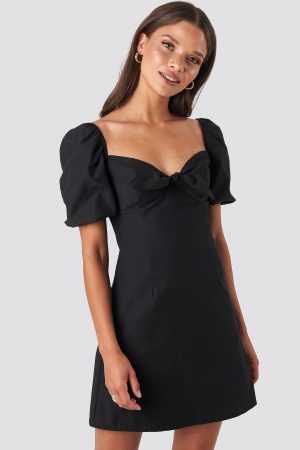 NA-KD Party Puff Sleeve Bow Mini Dress - Black