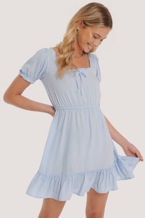 NA-KD Boho Puff Sleeve Mini Dress - Blue