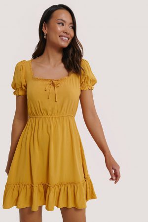 NA-KD Boho Puff Sleeve Mini Dress - Yellow