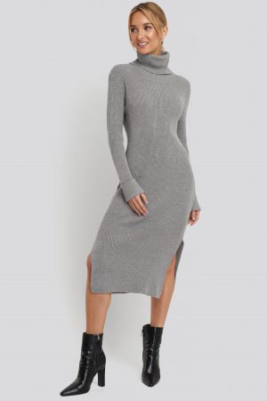 NA-KD Recycled Turtle Neck Split Hem Sweater Dress - Grey