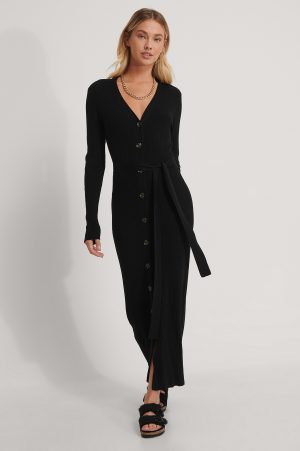 NA-KD Trend Ribbstickad Klänning Med Bälte - Black