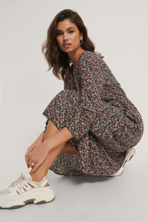 NA-KD Ruffle Hem Round Neck Midi Dress - Multicolor