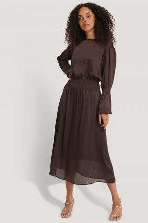 NA-KD Smocking Detail Satin Midi Dress - Brown