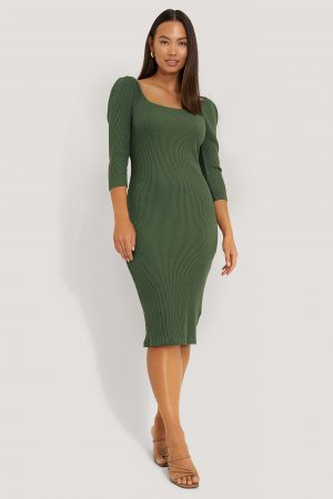 NA-KD Trend Square Neck Puff Sleeve Rib Dress - Green